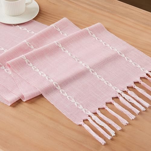 Braided Farmhouse Table Runner,Braided Pink 13x108 Inch, Cotton Linen Table Runners 108 Inches Long, Embroidered Striped Pink Boho Table Runner Rustic Home Decor