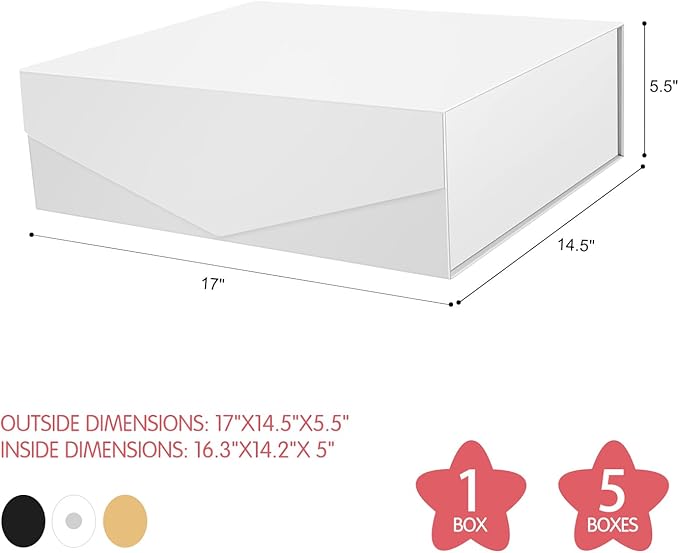 5 Extra Large Gift Boxes with Lids 16.3x14.2x5 Inches, White Gift Boxes Large, Bridesmaid Boxes, Magnetic Gift Boxes for Clothes and Large Gifts (Matte White)