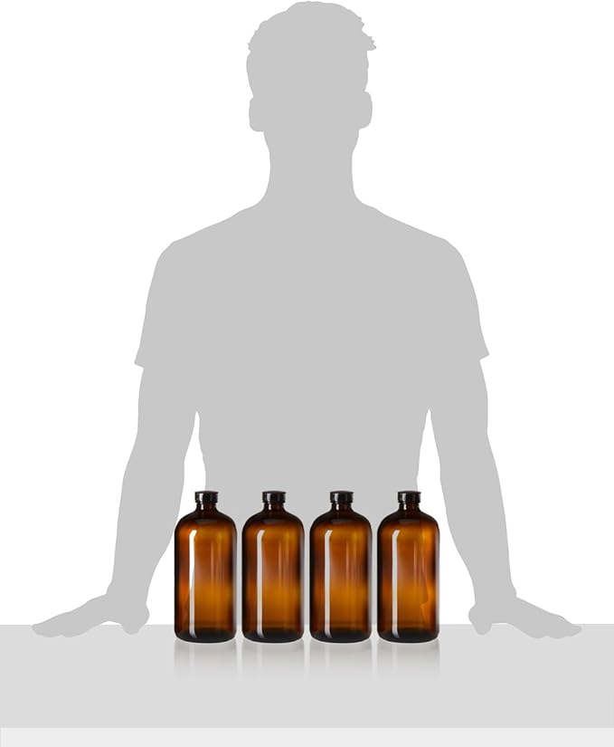 kitchentoolz 32oz Amber Glass Bottles - Air Tight Seal Lids - Quart-Sized Brown Glass Growlers for Beer, Kombucha, and Juice Storage - Pack of 4