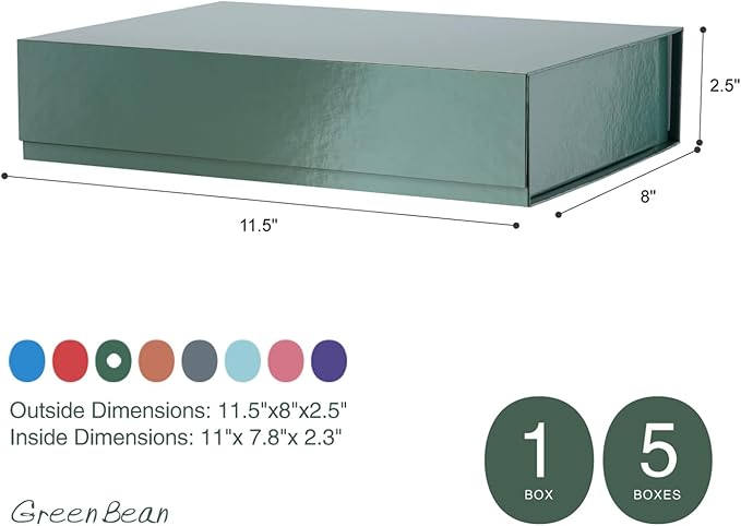 GREEN BEAN Gift Box 11x7.8x2.3 Inches, Green with Lid for Presents, Magnetic Closure Gift Box, Shirt for Clothes (Glossy Metallic Green, Polka Dot Design Inside)