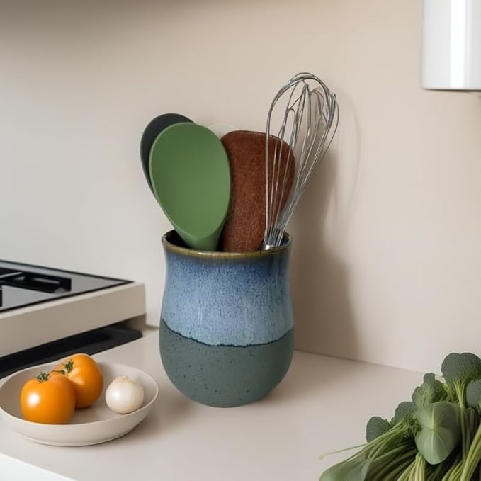 Medium Ceramic Kitchen Utensil Holder for Kitchen Counter Short Cooking Utensil Holder for Countertop Spatula Holder Small Utensil Crock Cutlery Holder Silverware Caddy Flower Vase (Retro Coast Beach)
