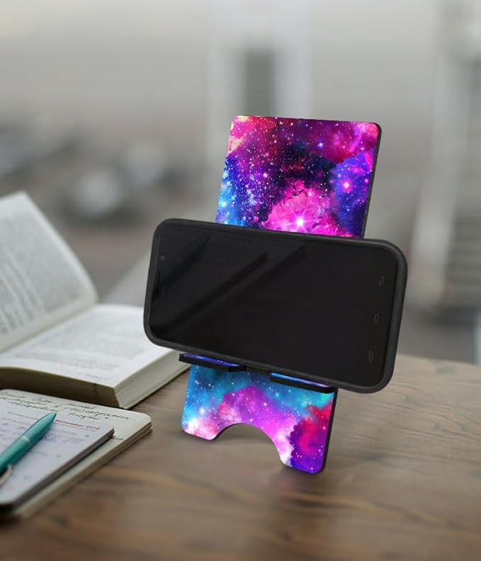 FINCIBO Cell Phone Stand Holder for Desk, Charging Stand for All Smartphones, Office Desktop Accessories Compatible with iPhone 15 14 13, Android Smartphones - Celestial Blue Purple Galaxy