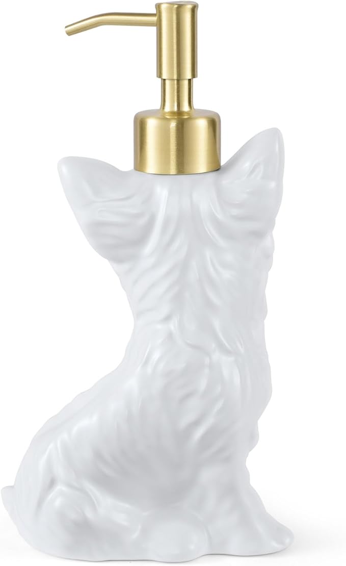 Yorkshire Terrier Shaped Soap/Lotion/Hand Sanitizer Dog Lover Stainless Steel Pump Dispenser for Dog Gifts, Refillable for Kitchen and Bathroom(White)