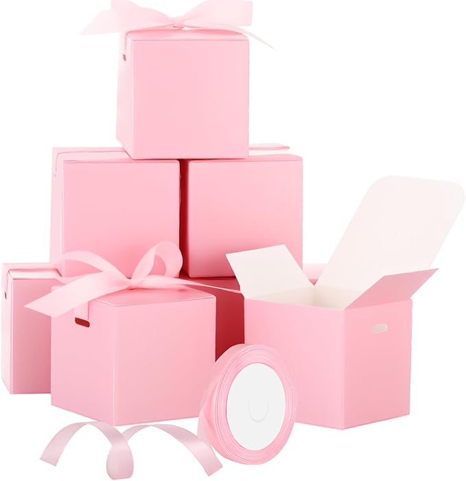 48 Pcs Christmas Gift Boxes with Ribbon Small Party Favor Boxes with Lids Mini Treat Candy Container for Wedding, Party, Birthday, Valentine's Day and More(Pink,2 Inch)