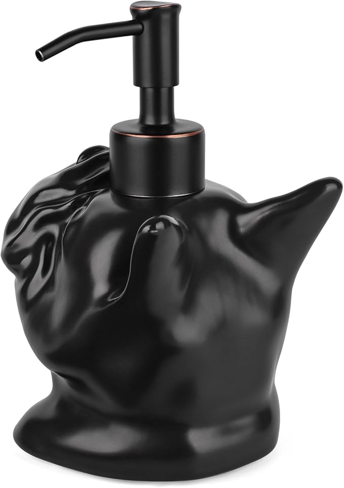 French Bulldog Shaped Soap/Lotion/Hand Sanitizer Bulldog Ceramic Stainless Steel Pump Dispenser Gifts for Lover, Refillable for Kitchen and Bathroom(Black)