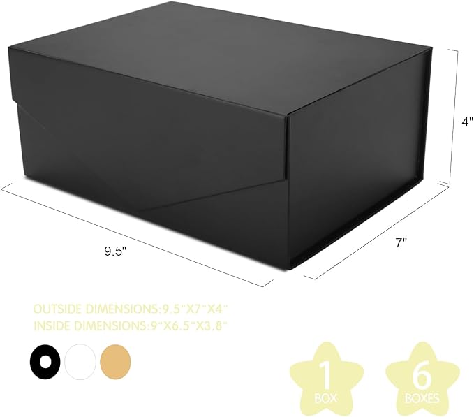 Black Gift Box with Lid for Present, Magnetic Closure Rectangle Collapsible Gift Box, Groomsman Proposal Box, Wedding, Birthday Gift Packaging (9x6.5x3.8 Inches)