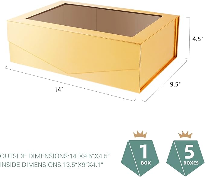 PACKQUEEN Large Gold Christmas Gift Box with Window, 13.5x9x4.1 Inches Clear Gift Box for Present Contains Ribbon, Card, Bridesmaid Proposal Box with Magnetic Lid (Glossy Gold)