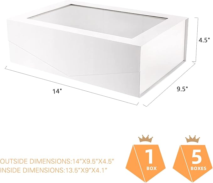 PACKQUEEN 5 Large White Gift Boxes with Windows, 13.5x9x4.1 Inches Clear Gift Boxes for Presents Contain Ribbons, Cards, Bridesmaid Proposal Boxes, Boxes with Magnetic Lids (Glossy White)