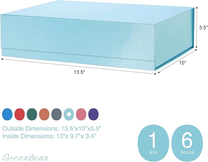 GREEN BEAN 6 Gift Boxes 13x9.7x3.4 Inches, Large Baby Blue Gift Boxes with Lids for Presents, Magnetic Gift Boxes for Clothes, Shirt Gift Boxes (Glossy Metallic Baby Blue, Dot Design Inside)