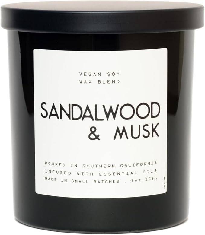 | Masculine Aromas 9oz | 50 Hours | Soy Wax | Scented Mens Candles with Natural Essential Oils | Vegan (Sandalwood & Musk)