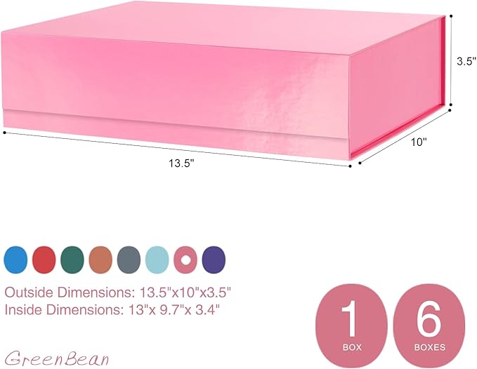 GREEN BEAN 6 Gift Boxes - Large Pink Gift Boxes with Lids, Magnetic, 13x9.7x3.4 Inches, Dot Design Inside