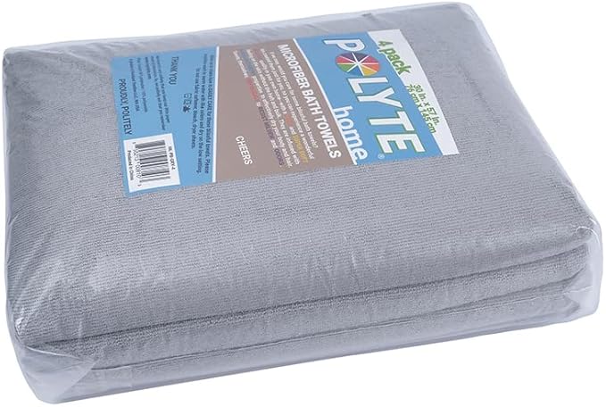 POLYTE Microfiber Quick Dry Lint Free Bath Towel, 57 x 30 in, Pack of 4 (Gray)