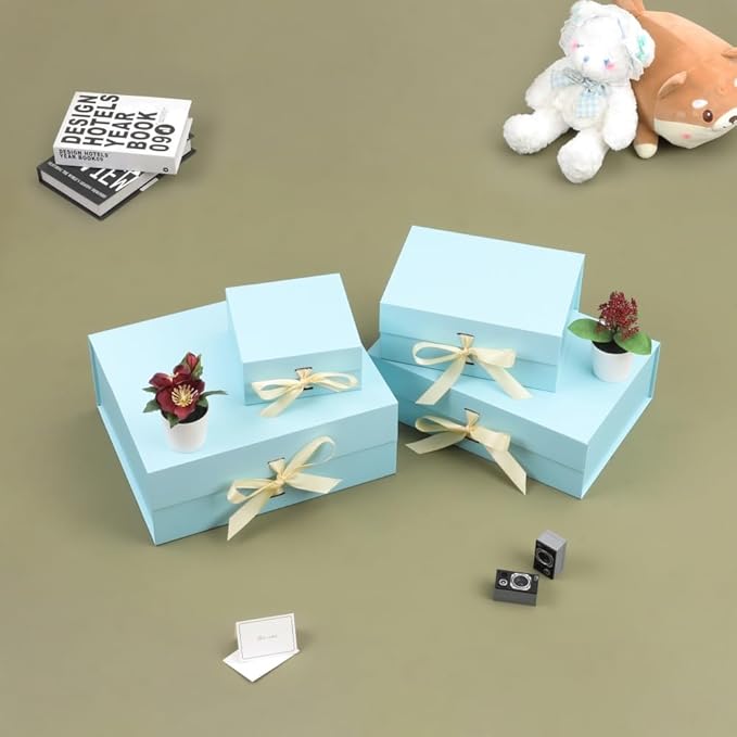 Blue Foldable Gift Boxes - 5 Pack, 13x11x5.3 Inch, Ribbon Decorated, Perfect for Christmas, Groomsmen Gifts, Includes Shredded Paper and Cards