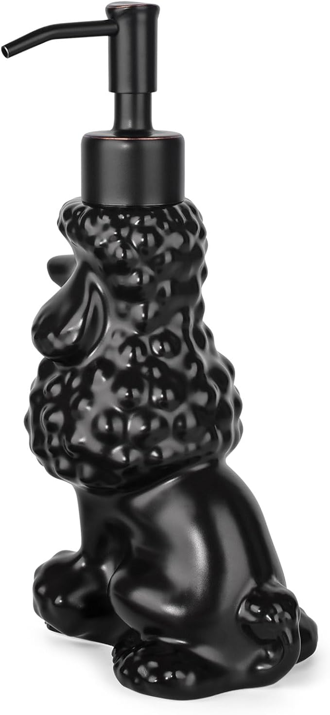 Poodle Shaped Soap/Lotion/Hand Sanitizer Ceramic Dog Lover Stainless Steel Pump Dispenser for Dog Mom Gifts, Refillable for Kitchen and Bathroom (Black)