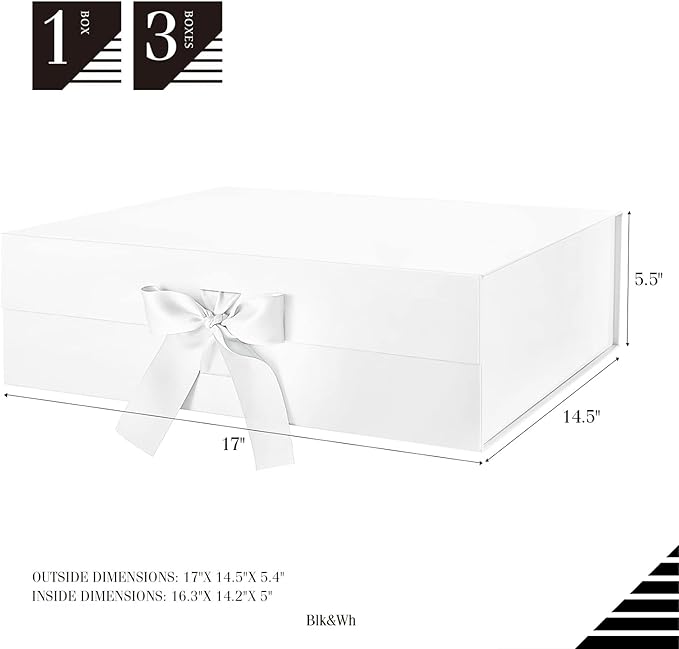BLK&WH Extra Large Gift Box with Ribbon - 16.3x14.2x5 Inches, White Bridesmaid Proposal Box for Large Gifts