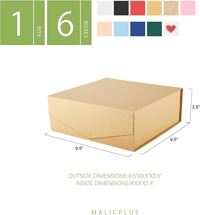 6 Gift Boxes with Lids 9x9x3.4 Inches, Kraft Groomsmen Proposal Boxes with Magnetic Closure for All Occasion (Matte Kraft)