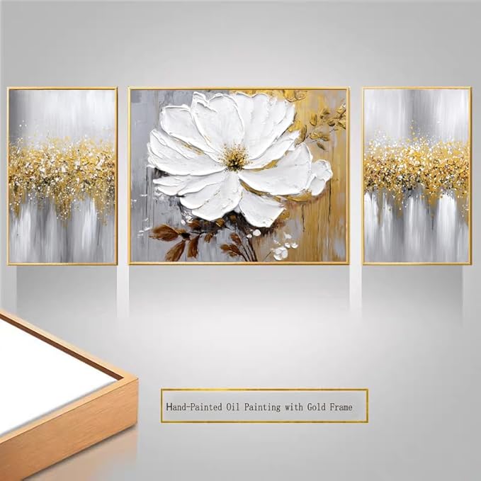 Hand-Painted Floral Canvas Oil Painting for Living Room,Framed 3D Gold and White Abstract Wall Art for Bedroom, Large 3 Pieces Flowerl Wall Painting for Office Kitchen Bathroom Home Decor 24x64 inches