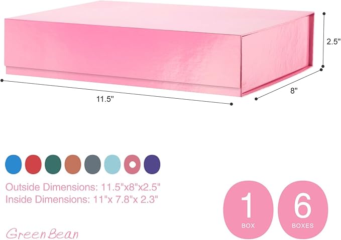 GREEN BEAN 6 Gift Boxes 11x7.8x2.3 Inches, Gift Box Pink Gift Boxes with Lids for Presents, Magnetic Closure Gift Boxes, Shirt Gift Boxes for Clothes (Glossy Metallic Pink, Polka Dot Design Inside)