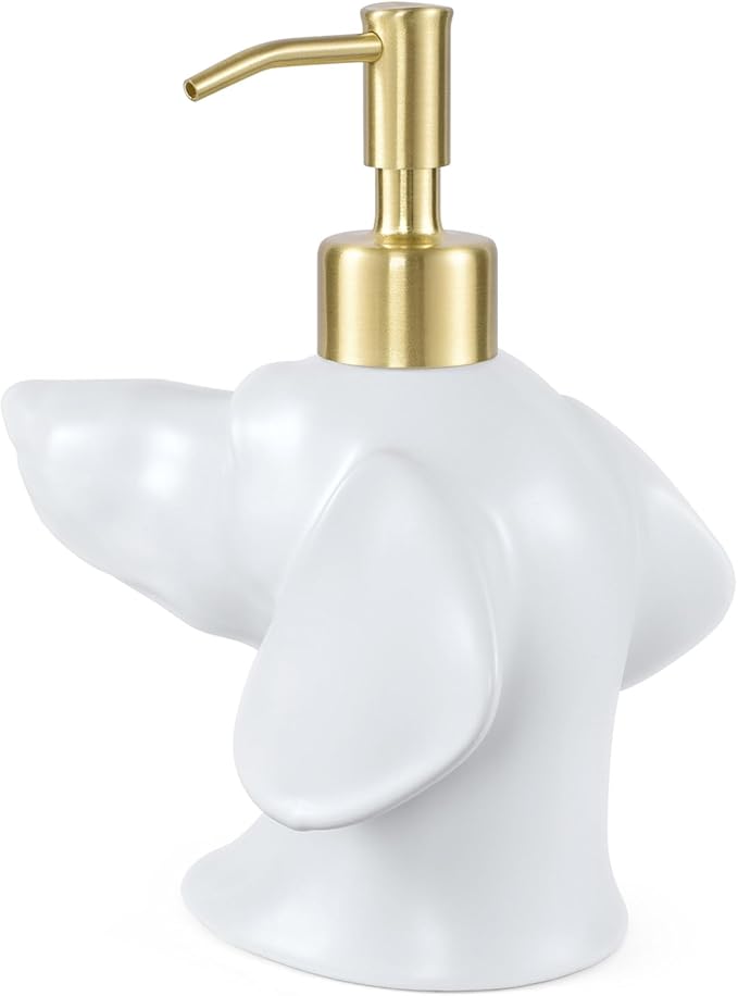 Dachshund Dog Shaped Soap/Lotion/Hand Sanitizer Weiner Ceramic Stainless Steel Pump Dispenser Gift for Dog Lover, Refillable for Kitchen and Bathroom (White)