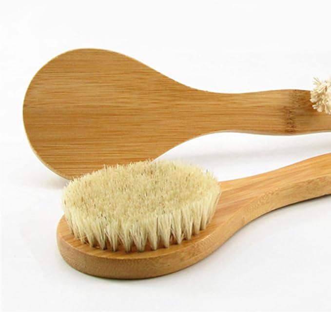 9.84" Short Handle Dry Body Brush Back Scrubber, Bamboo Handle and Natural Boar Bristles Bath & Shower Brush, Good for Blood Circulation, Exfoliating, Cellulite and Detox, etc.