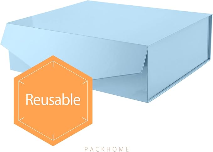 PACKHOME 17x14.5x5.5 Inches, 3 Extra Large Gift Boxes with Lids, Magnetic Closure Boxes for Clothes and Large Gifts (Glossy Light Blue)