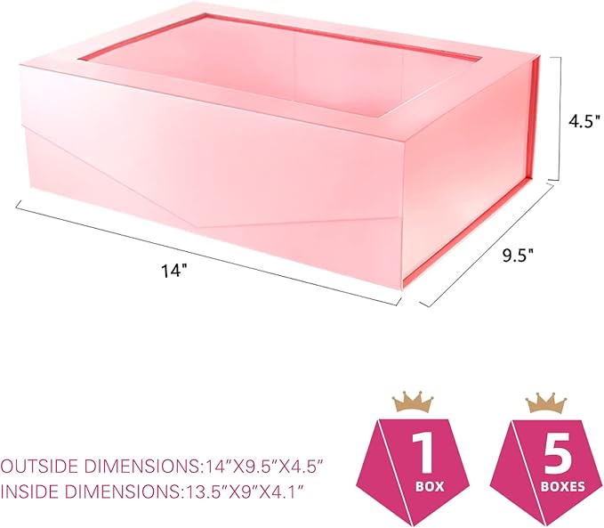 PACKQUEEN 5 Large Pink Gift Boxes with Windows, 13.5x9x4.1 Inches Easter Gift Boxes for Presents Contain Ribbons, Cards, Bridesmaid Proposal Boxes, Mothers Day Boxes with Magnetic Lids (Glossy Pink)