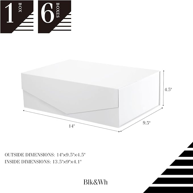 BLK&WH 6 Gift Boxes 13.5x9x4.1 Inches, Large Gift Boxes with Lids, White Gift Boxes, Bridesmaid Proposal Boxes, Collapsible Gift Boxes with Magnetic Lids (Matte White)