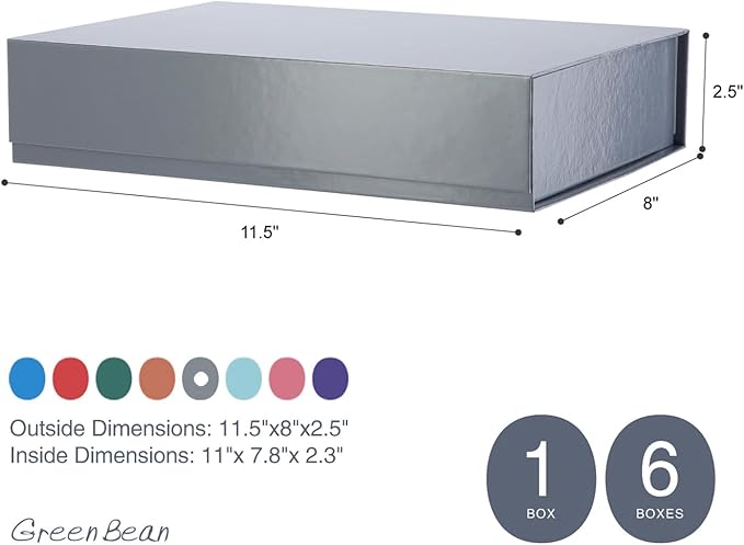 GREEN BEAN 6 Gift Boxes 11x7.8x2.3 Inches, Grey Gift Boxes with Lids for Presents, Magnetic Shirt Gifts Boxes for Clothes (Glossy Metallic Grey, Polka Dot Design Inside)