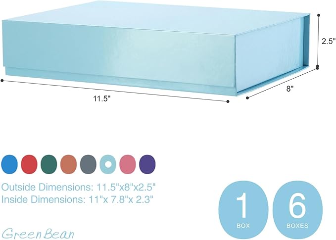 GREEN BEAN 6 Gift Boxes 11x7.8x2.3 Inches, Baby Blue With Lids for Presents, Magnetic Closure, Shirt Packaging for Clothes (Glossy Metallic, Polka Dot Design Inside)