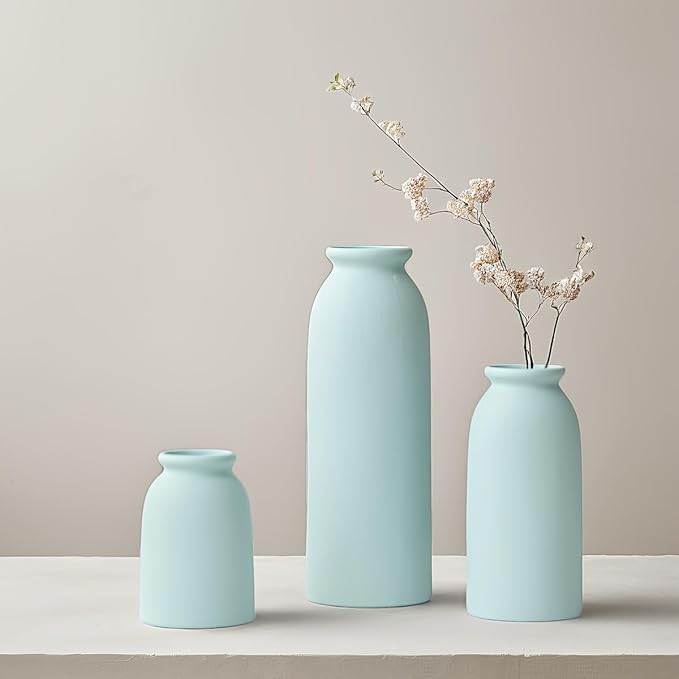 Ceramic Vase Set-3, Small Flower Vases for Decor, Modern Boho Farmhouse Style, Decorative Vases for Pampas Grass & Dried Flowers, Distressed Finish (Blue)