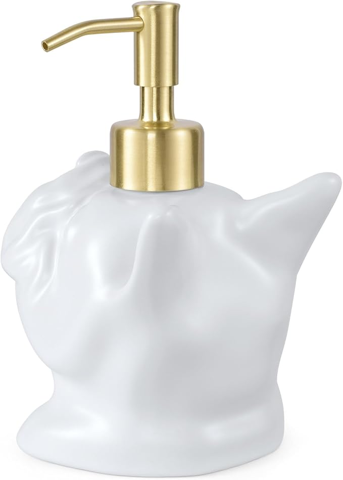French Bulldog Shaped Soap/Lotion/Hand Sanitizer Bulldog Ceramic Stainless Steel Pump Dispenser Gifts for Lover, Refillable for Kitchen and Bathroom(White)