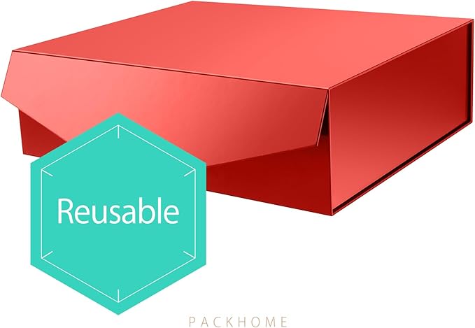PACKHOME 17x14.5x5.5 Inches, 3 Extra Large Gift Boxes with Lids, Magnetic Closure Boxes for Clothes and Large Gifts (Glossy Red)