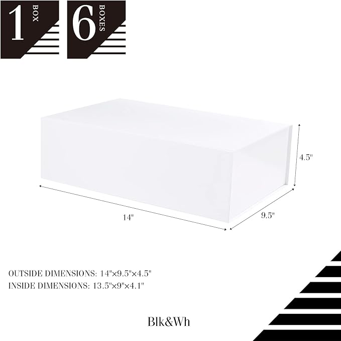 BLK&WH 6 Gift Boxes 13.5x9x4.1 Inches, White Gift Boxes, Large Gift Boxes with Lids, Bridesmaid Proposal Boxes, Collapsible Gift Boxes for Gift Packaging (Glossy White)