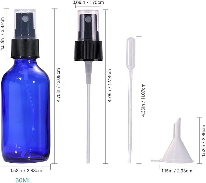 60ml Blue Glass Spray Bottles,Small Empty Fine Mist Perfume Refillable Reusable Travel Spray Bottle for Essential Oils/Hair/Aromatherapy/Cleaning/Cosmetic with Extra Spray Nozzle(2 Pack)