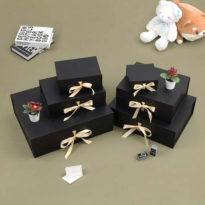 BoxSkivra Large Gift Boxes with Lids 5 Pack 13X9X4 Inch Large Black Gift Box with Ribbon Foldable Gift Boxes for PresentsăFather's Day ăGroomsman Proposal BoxăShredded Paper Filler & Cards
