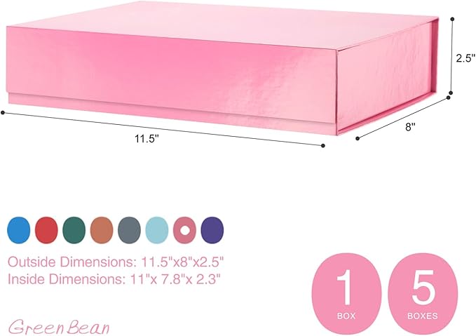 GREEN BEAN Gift Box 11x7.8x2.3 Inches, Pink with Lid for Presents, Magnetic Closure Gift Box, Shirt for Clothes (Glossy Metallic Pink, Polka Dot Design Inside)