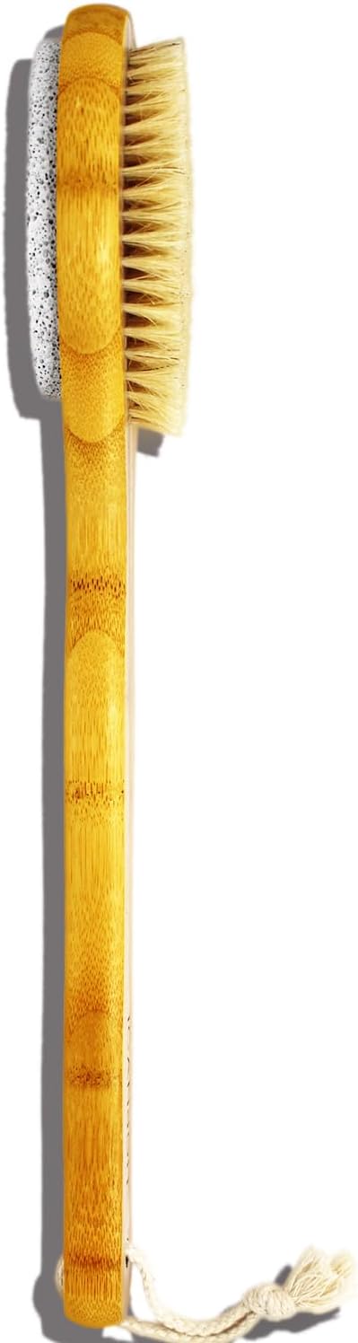 ICANdOIT 2 in 1 Long Handle Bath&Shower Brush,Bath Scrubber,Boar Bristle with Pumice Stone Exfoliate & Soften Skin,Dry Brushing Body Brush for Cellulite&Lymphatic Drainage