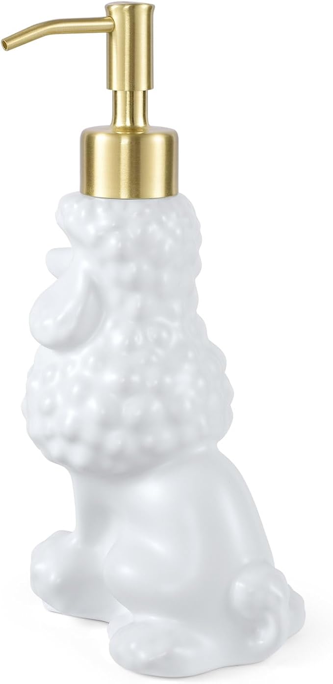 Poodle Shaped Soap/Lotion/Hand Sanitizer Ceramic Dog Lover Stainless Steel Pump Dispenser for Dog Mom Gifts, Refillable for Kitchen and Bathroom(White)