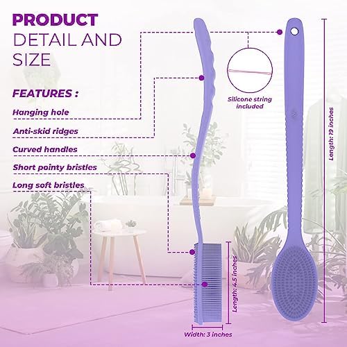 Long Handle Back Scrubber for Shower - 19 inch Extended Reach Silicone Body Brush - Avilana Bath Scrubber Extended Reach Tool - Easy Grip Body Wash Brush Gift
