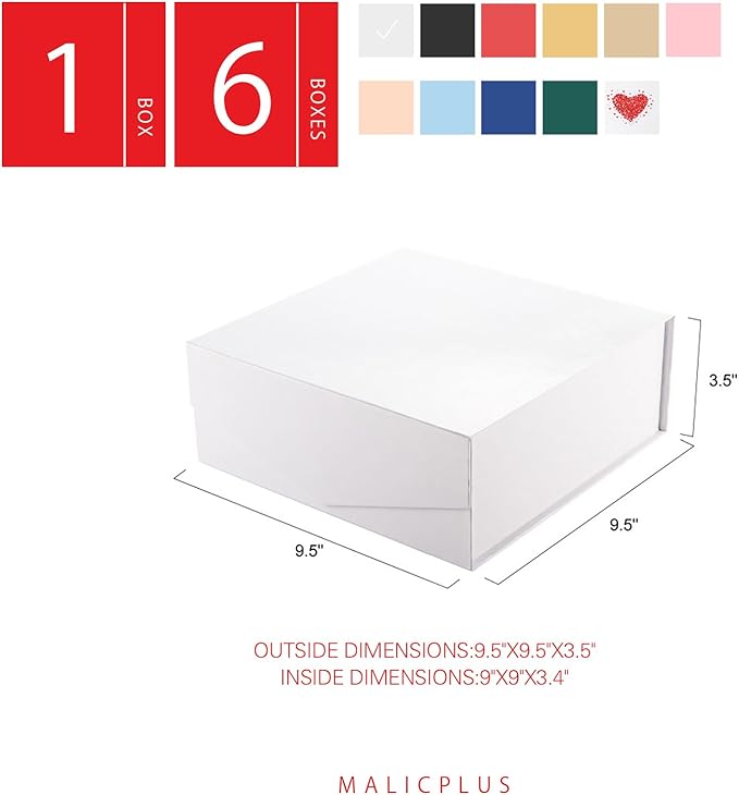 6 Gift Boxes with Lids 9x9x3.4 Inches, White Bridesmaids Proposal Boxes with Magnetic Closure for All Occasion (Glossy White)