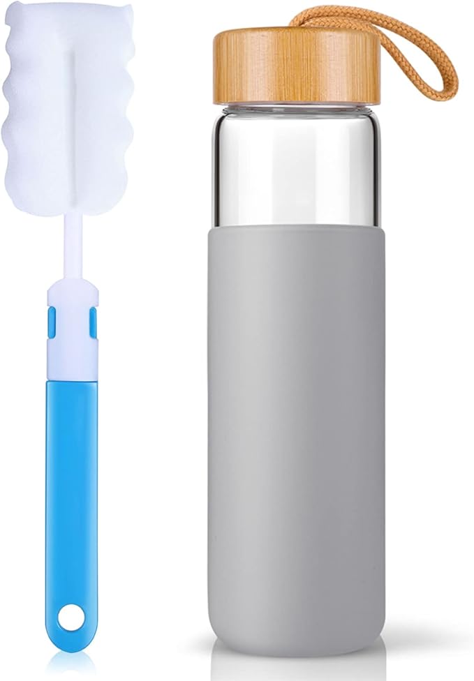 25 Oz Borosilicate Glass Water Bottles with Silicone Sleeve BPA Free, Dishwasher Safe - Reusable Clear Glass Drinking with Leak Proof Bamboo Lid | Perfect Gym Water Bottles for Men & Women