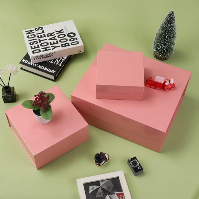 1 Pcs Pink Magnetic Gift Box 8x8x4 Inch with Crinkle & Shredded Paper, Luxury Lid Gift Box for Presents