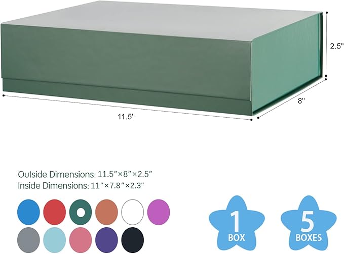 Green Gift Boxes 11x7.8x2.3 Inches, Shirt Gift Boxes for Presents Magnetic Closure for Clothes (5 Pack)