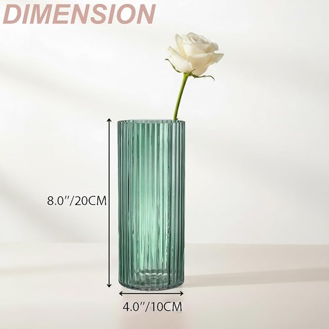 Green Glass Vases, Flower Vases Set of 3, Ribbed Glass Vase for Tulips, Tall Cylinder Glass Vases for Living Room, Bedroom, Dining Table, Office, Wedding, Bookshelf Decoration, 8 Inches