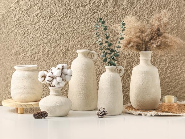 Ceramic Flower Vase, 7.48 Inch White Rustic Farmhouse Decorative Vase Pottery Wide-Mouth Vases for Home Decor Table Living Room Entryway Mantel Bookshelf Bedroom Bathroom Kitchen
