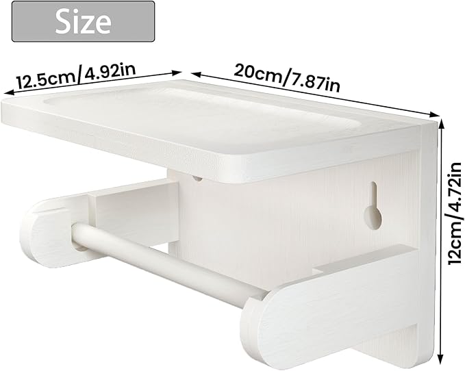 Drill-Free Toilet Paper Holder with Phone Shelf Bamboo Wall-Mounted, No-Drill & Drillable, Bathroom Storage Organizer, Space Saver Tissue Roll Rack for Bathroom, Kitchen, Home Decor (White)