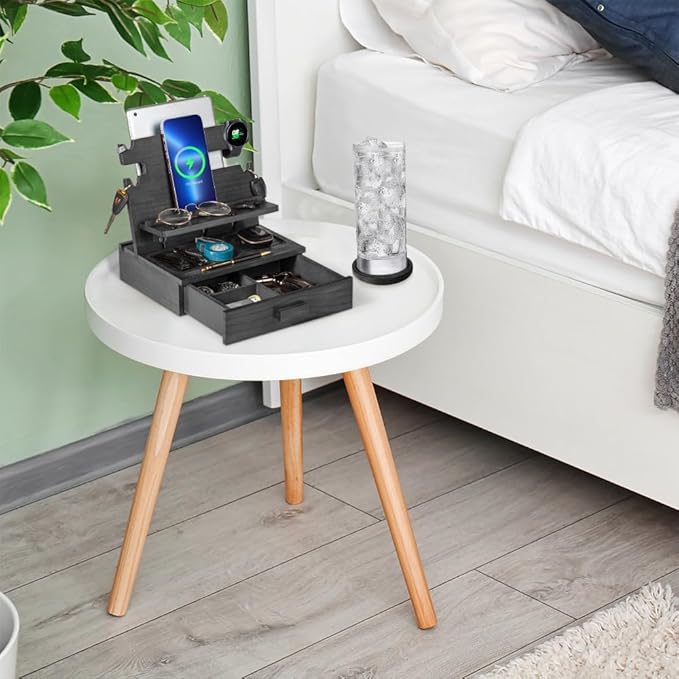 Black Wood Phone Docking Station for up to 3 Phones, Samsung Galaxy Watch Compatible Nightstand Organizer with Drawer for Valuables for Men & Women, Holds Phones, Tablets, Keys, Rings, Glasses, EDC