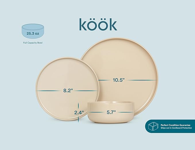 Dinnerware Set, 12 Piece, by Vase and Vessel, Ceramic 10.5” Dinner Plates, 8.2” Salad Plates and 25 oz Soup Bowls, Stoneware, Microwave and Dishwasher Safe, 12 Piece Set, Beige, Somerset Collection