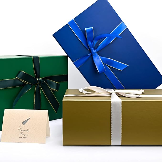 LIFELUM Magnetic Gift Boxes 5 Pack 13.85 x 8.35 x 4.45 inch Rectangle Collapsible Boxes with Lids and Ribbon,Card,Shredded Paper Filler Gift Boxes for Presents,Christmas,Birthdays