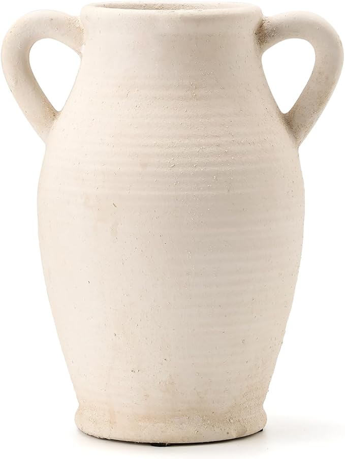 Large Ceramic Rustic Vase with 2 Handles, 9.8 inch Farmhouse Flower Vase, Minimalist for Home Decor, Living Room, Shelf Decor, Pampas Grass, Enterway, Table Decoration, Gift, Off White